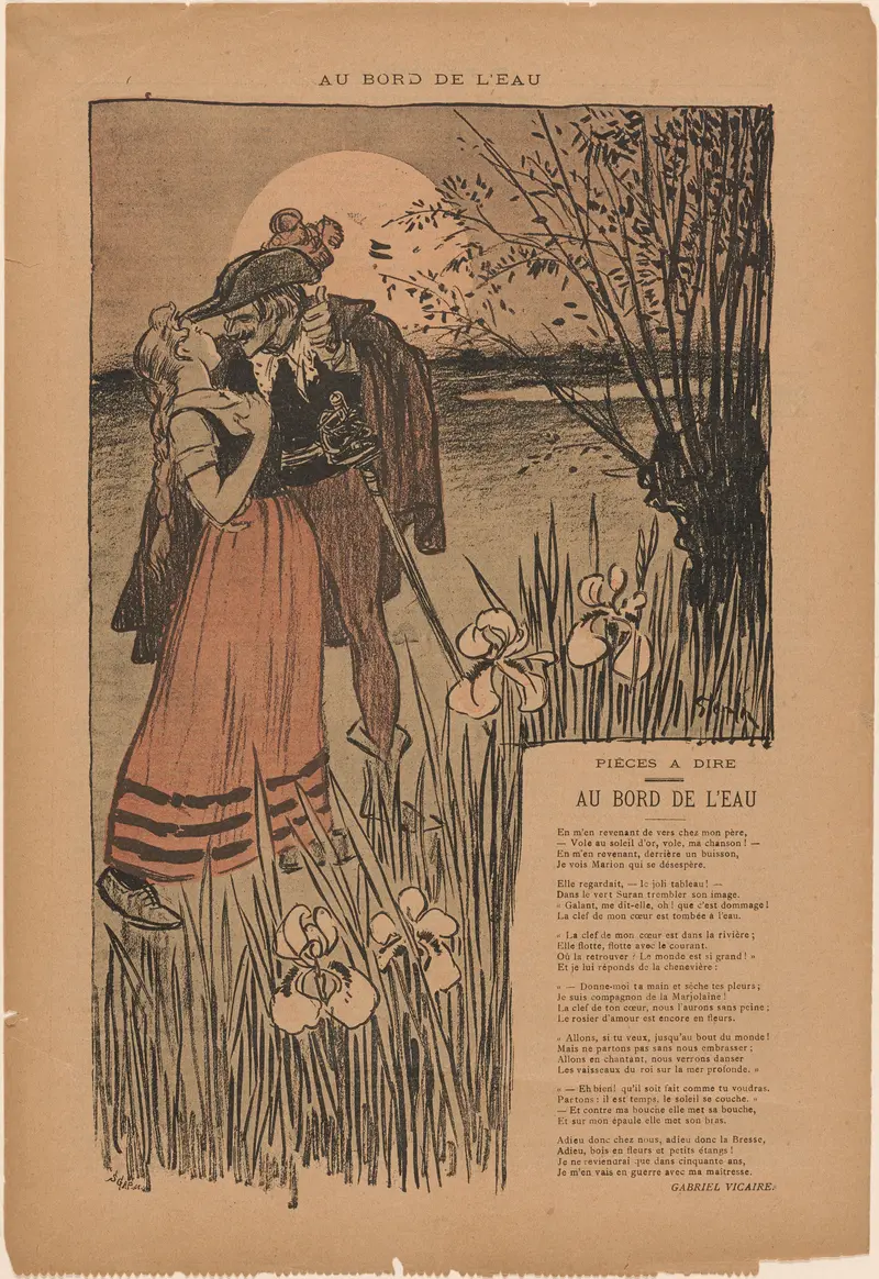 A young woman and a man in dramatic costume embrace under a large moon, surrounded by tall irises and reeds.