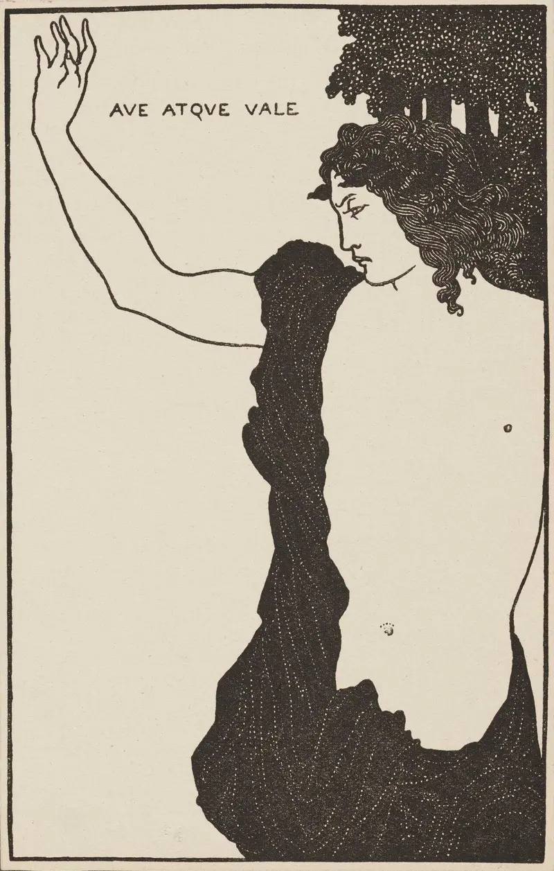 A figure in profile with an outstretched arm, wearing a flowing black garment, surrounded by stippled trees.