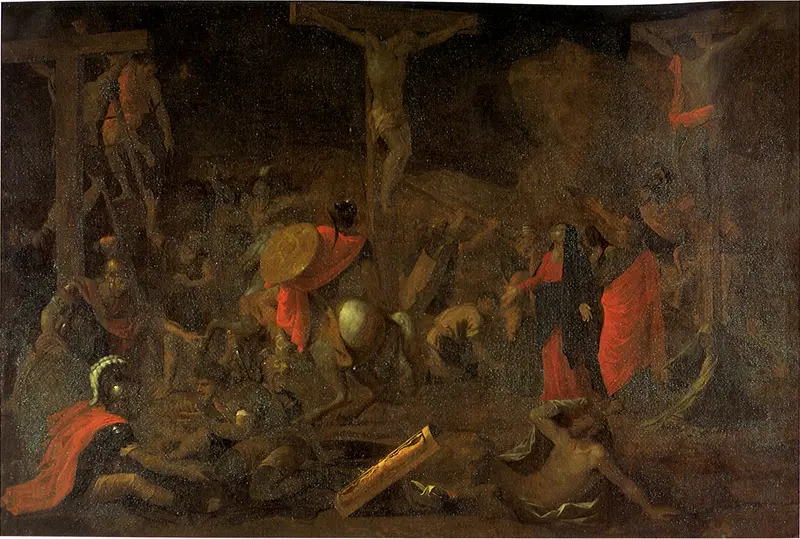 A depiction of the Crucifixion with Christ on the cross surrounded by mourners.
