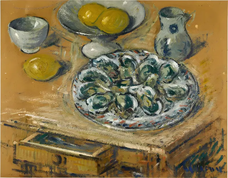 A still life painting featuring oysters and lemons by Gustave Loiseau.
