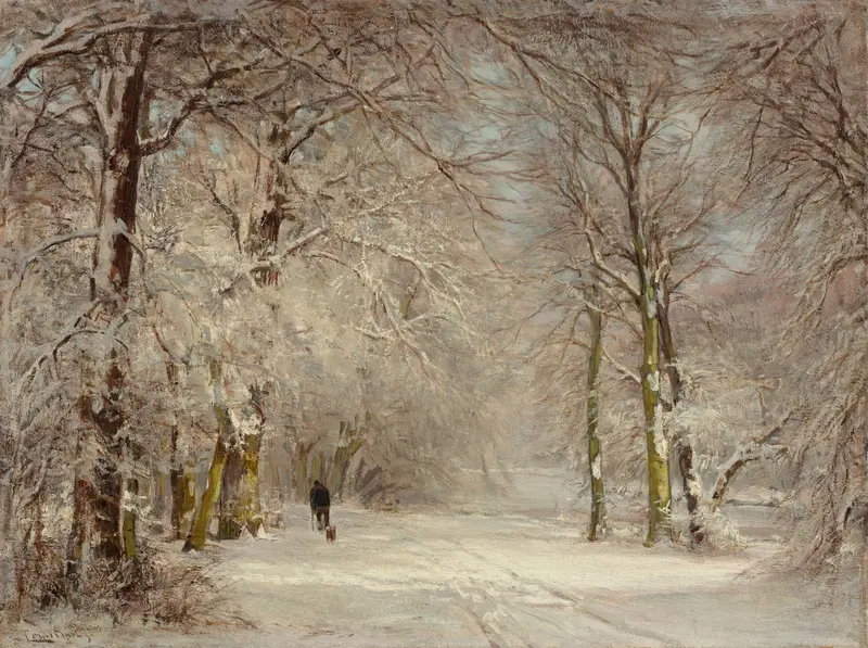 A snow-covered path in winter, oil on canvas by Louis Apol