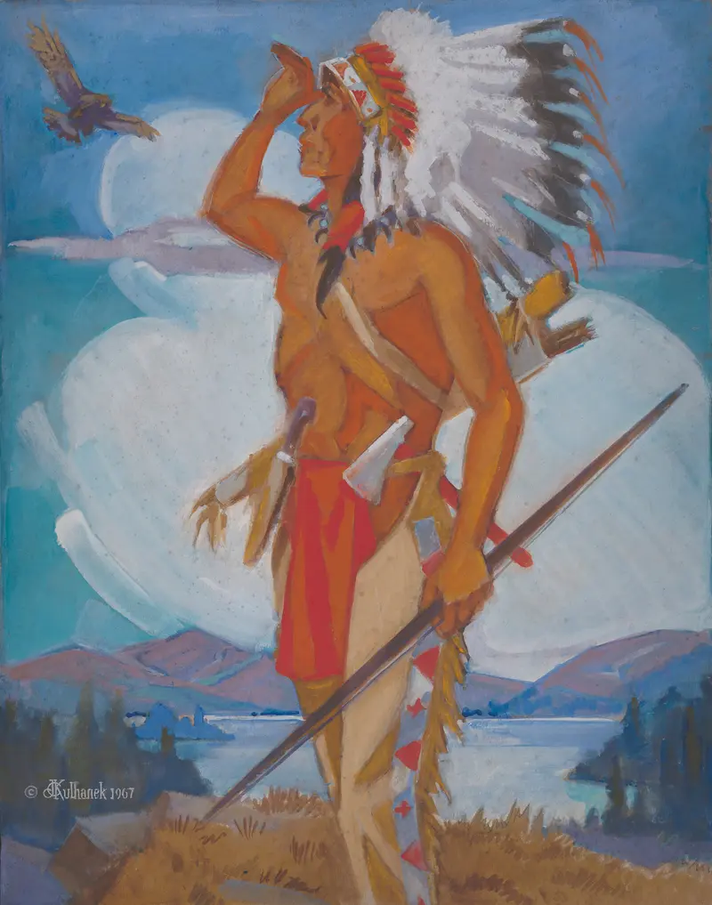 A striking representation of a Native American chief with an eagle.