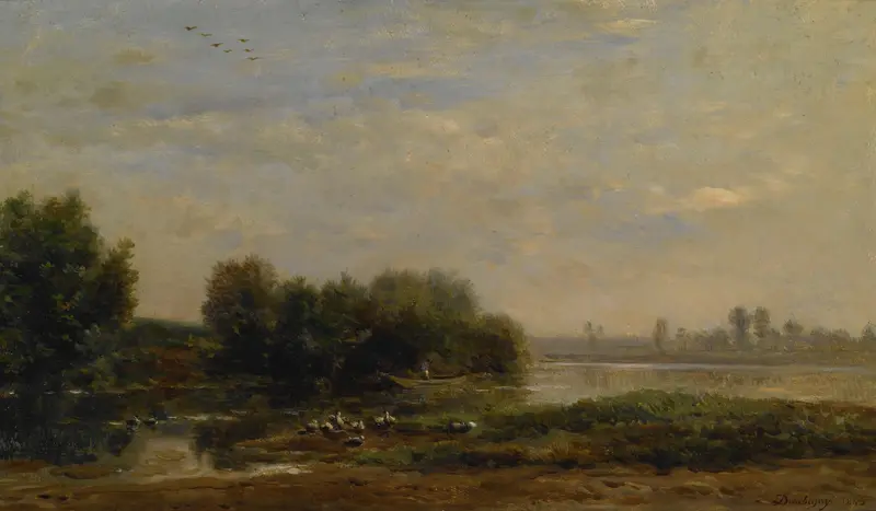 On the Oise by Charles François Daubigny, oil painting depicting a river landscape with reflections and golden light.