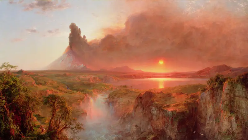 Cotopaxi by Frederic Edwin Church, oil on canvas depicting a volcano with snow and vibrant colors.