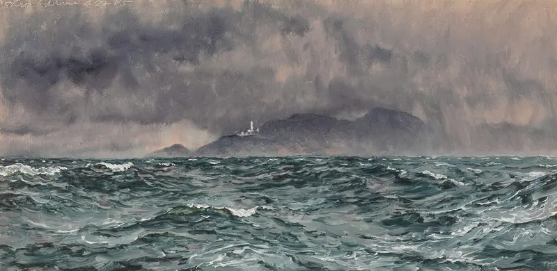 Heavy Squall off the Start Lighthouse by John Brett, oil painting of a stormy ocean with a lighthouse.
