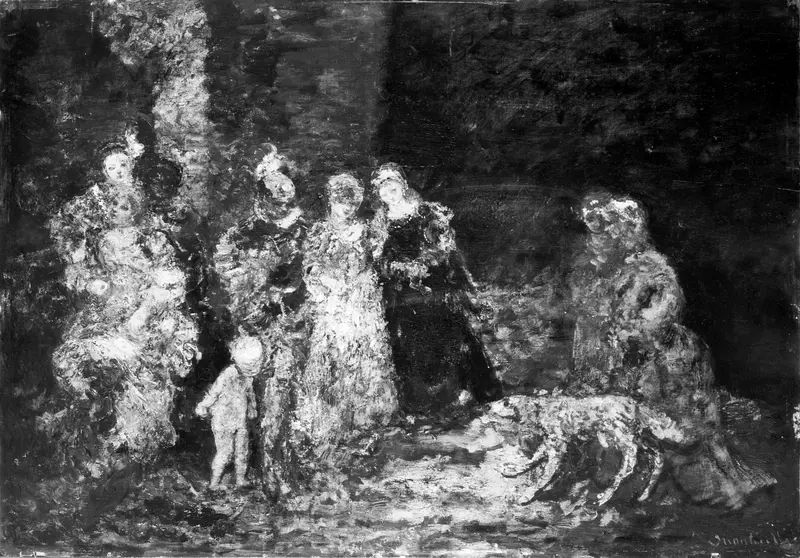 A dark, textured painting showing a group of indistinct figures in swirling strokes with a pale animal and a solitary figure in a voluminous dress.
