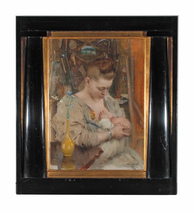 A mother gently gazes at her infant daughter in a richly detailed studio setting.