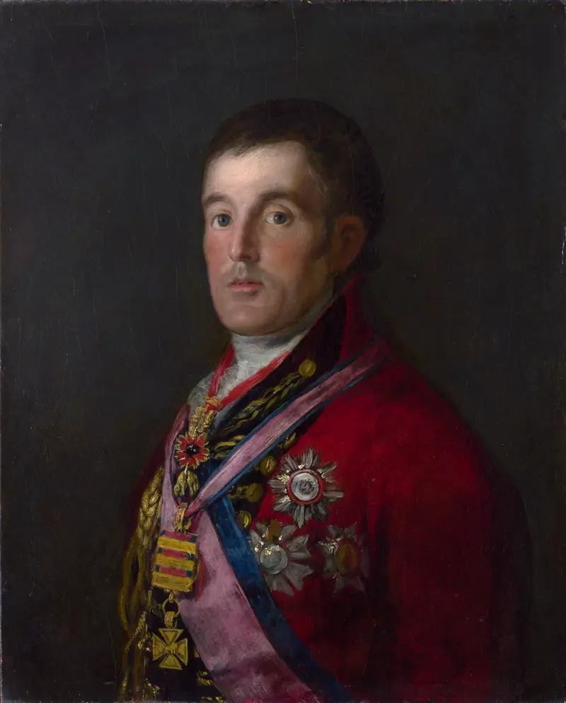 A man in a scarlet military uniform with gold braid and medals stands in three-quarter profile against a dark background.