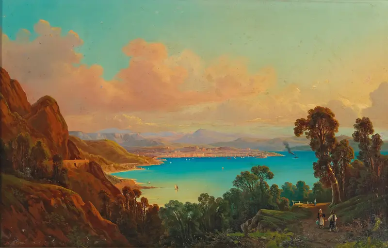 Blick In Die Bucht Von Triest, oil on canvas by Albert Rieger, depicting a tranquil bay and horizon.