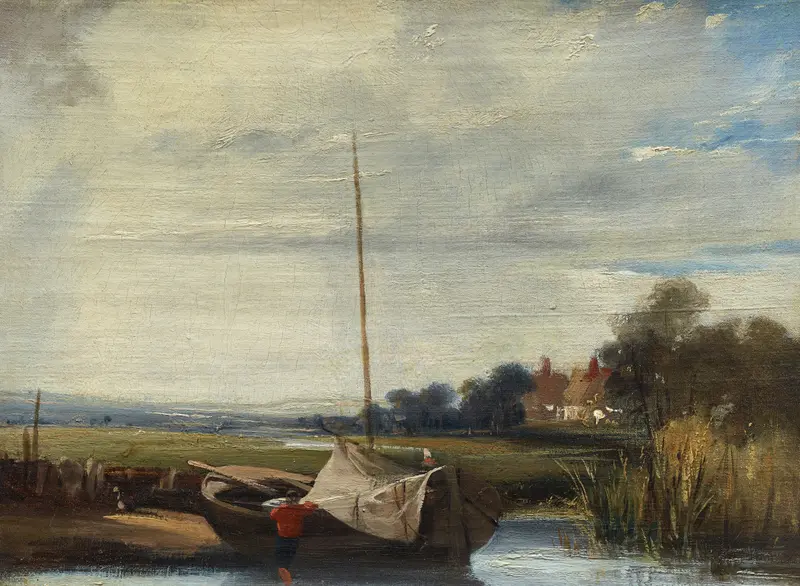 A River in Normandy by Richard Parkes Bonington, oil painting of a serene riverside landscape.