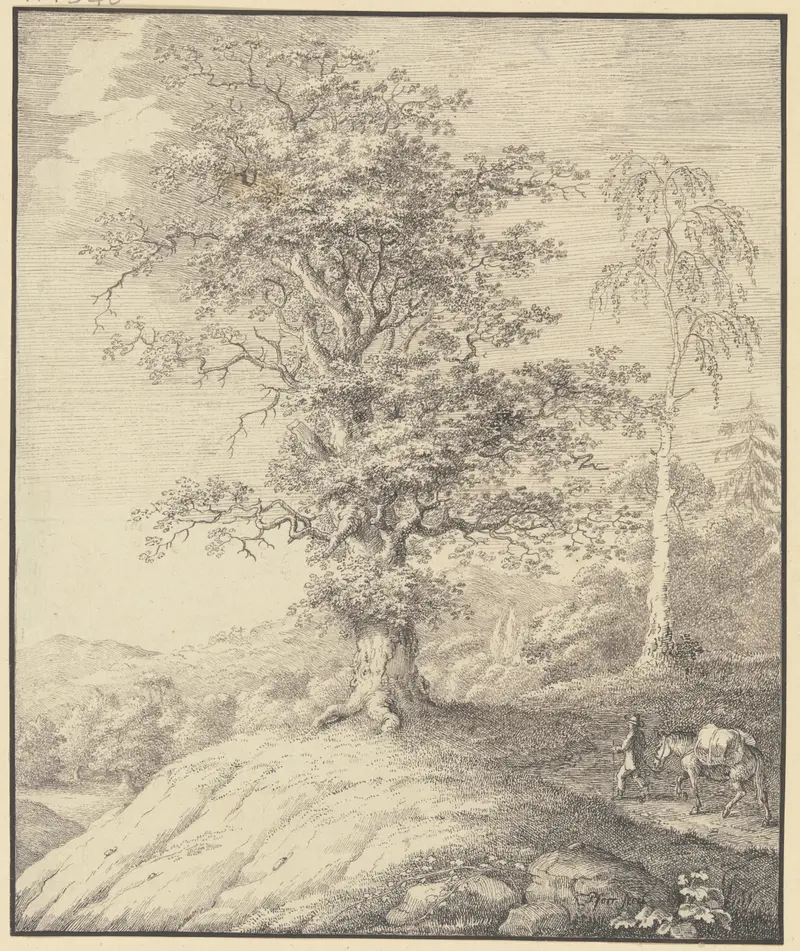 Oil painting by Johann Georg Pforr depicting a man leading a horse near oak and birch trees.