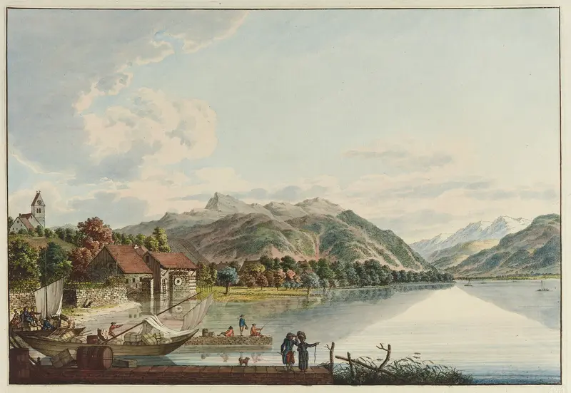 Village de Stäffa au Lac de Zurich by Johann Heinrich Bleuler, oil on canvas depicting hills and a lake.