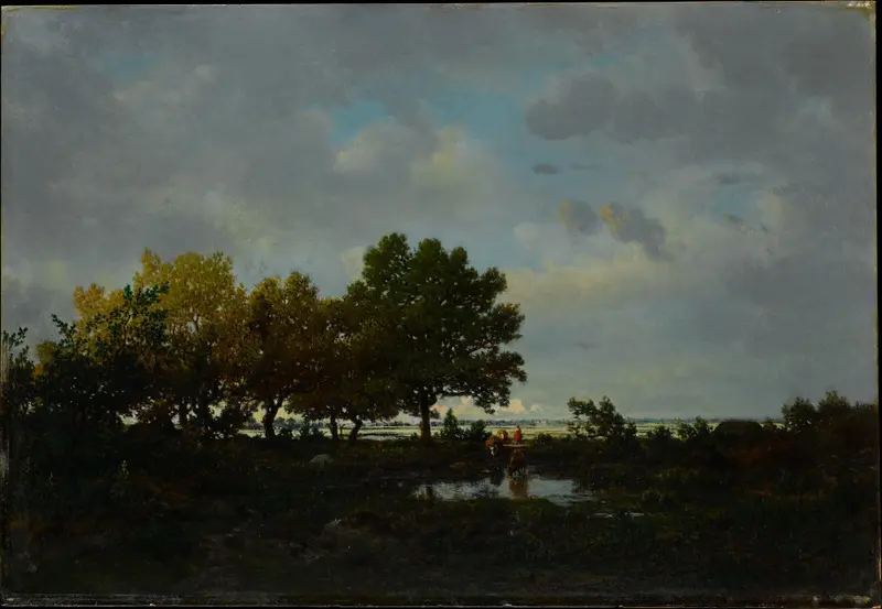 The Pond by Théodore Rousseau, oil on canvas depicting a tranquil landscape with sunlight and reflections.