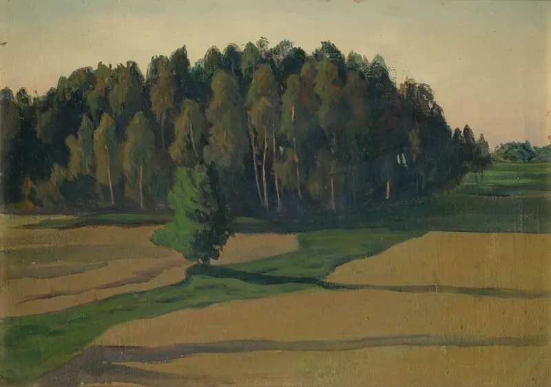 Field and Forest by Ester Almqvist, oil on canvas depicting a landscape with wildflowers and a horizon.