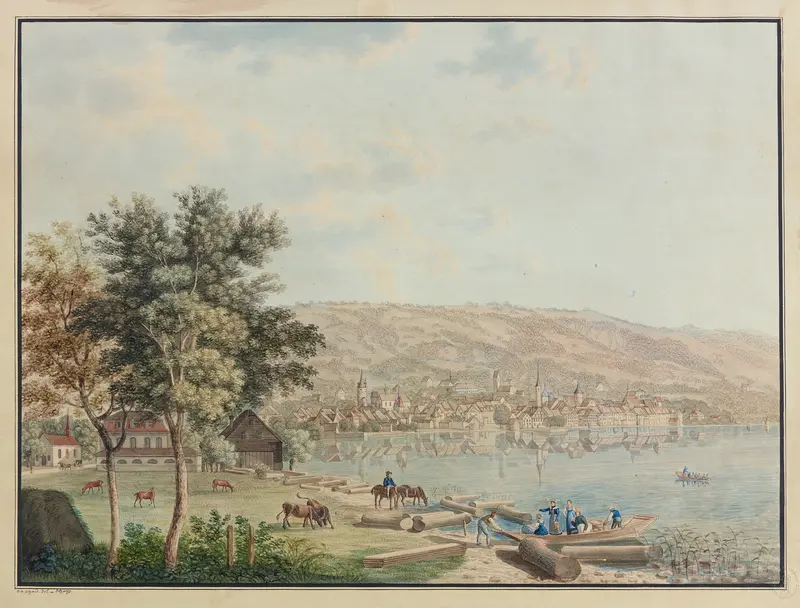 Landscape of Zug with rooftops and lake, oil on canvas by David Alois Schmid