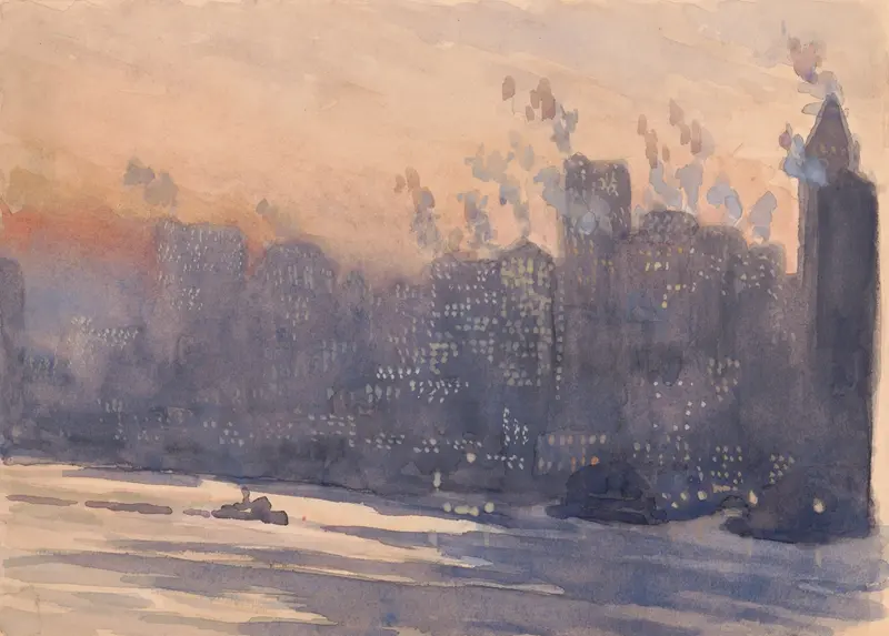 New York City harbor and skyline at night, ink on paper by Joseph Pennell