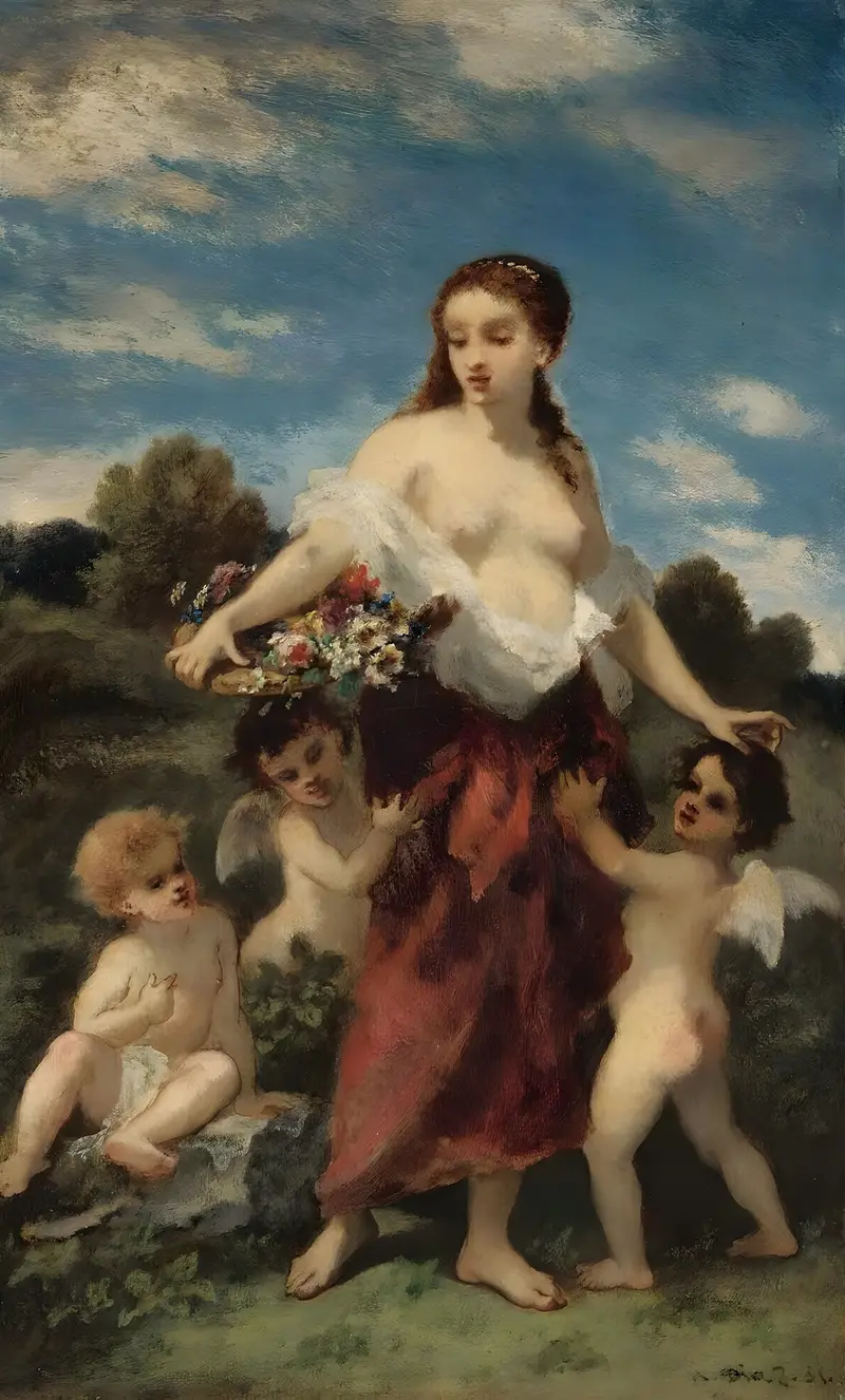 This painting depicts a young woman in a lush garden, symbolizing innocence and love.