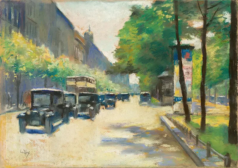 Unter den Linden, Berlin by Lesser Ury, oil on canvas depicting trees and a cobblestone path.