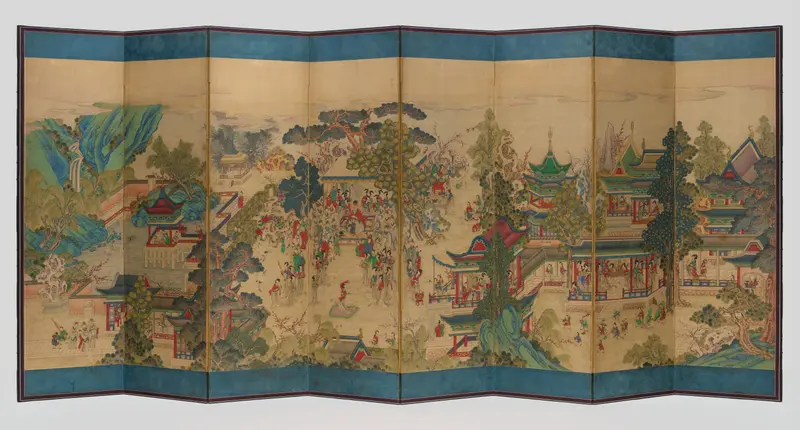 Joyous Banquet of Guo Ziyi, silk artwork by Korea depicting a festive gathering with courtiers.