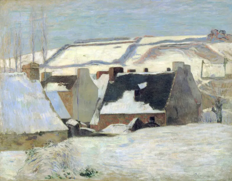 Pont-Aven sous la neige, oil on canvas by Paul Gauguin, depicting a winter landscape with snow.