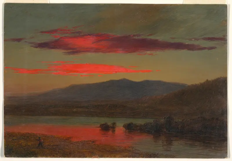 Sunset, Hudson, New York by Frederic Edwin Church, oil painting depicting a vibrant sunset over a river.