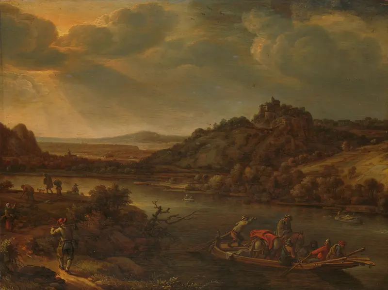 River view with ferry, oil painting by Herman Saftleven