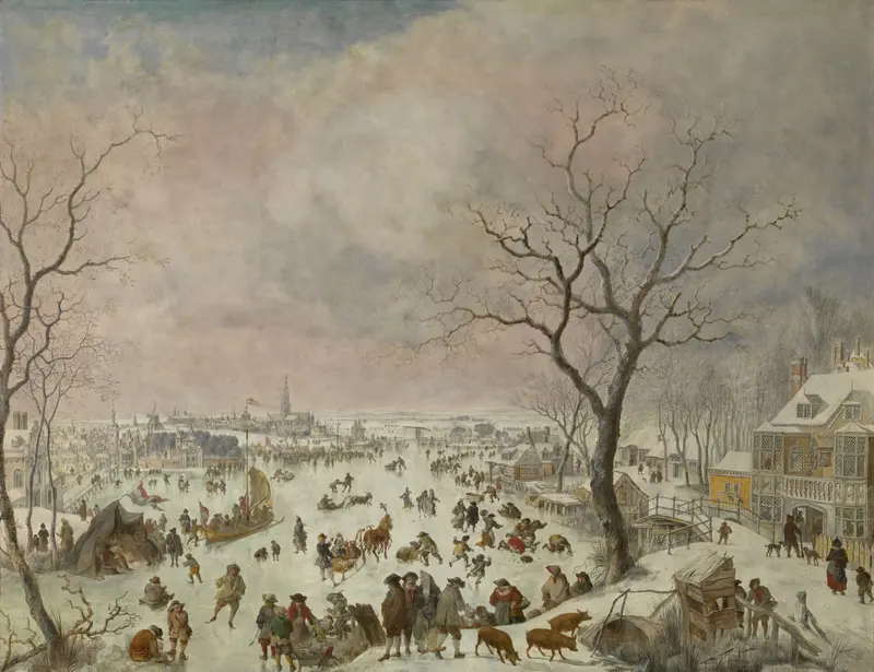 Winter Pleasures, genre scene by Jan Griffier, featuring figures in vibrant clothing amidst snow.