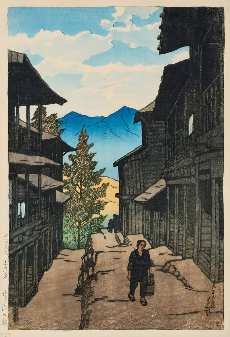 Ukiyo-e by Kawase Hasui depicting autumn landscape with hills and a village