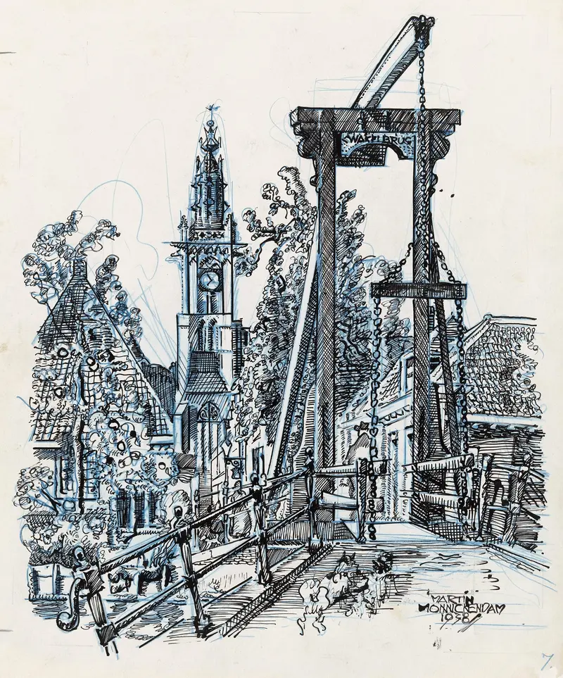 Landscape oil painting by Martin Monnickendam featuring Kwakelbrug and Onze Lieve Vrouwekerk.