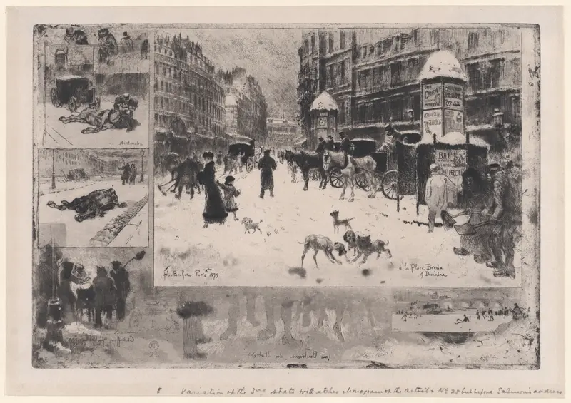 Winter landscape with snow on rooftops by Félix Hilaire Buhot, oil painting