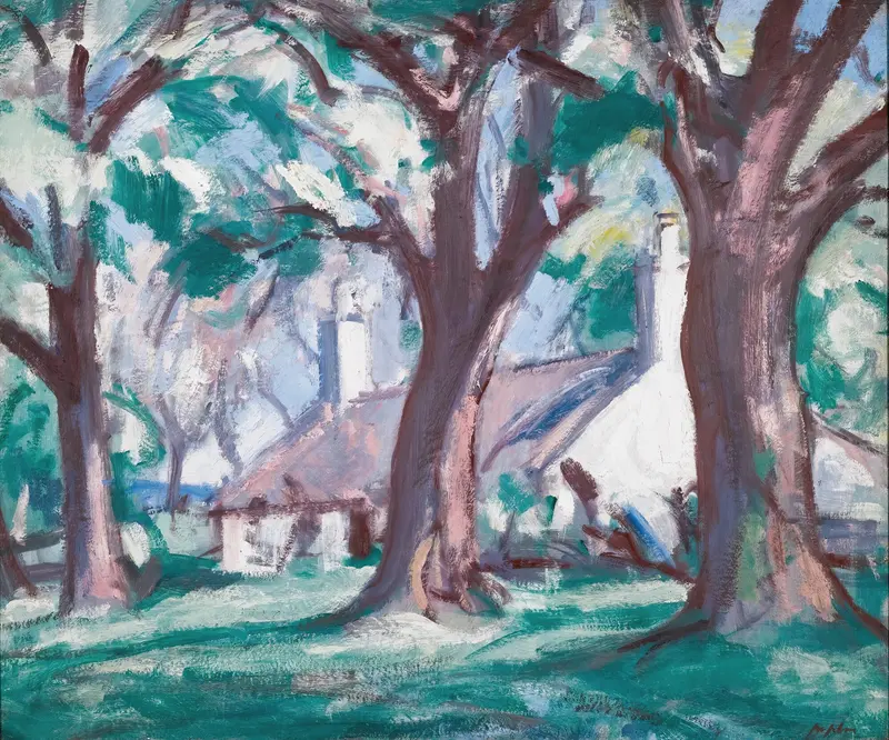 Kirkcudbright by Samuel John Peploe, oil painting depicting a vibrant landscape with flowers and shadows.