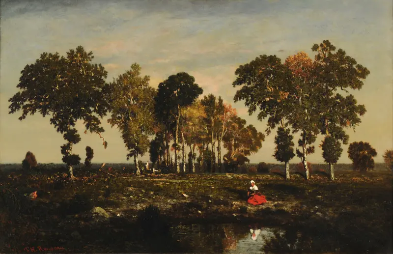 La Mare by Théodore Rousseau, oil painting of a tranquil pond with reeds and sunset.