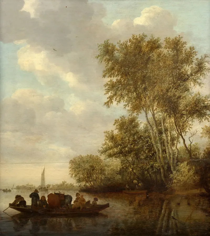 The ferry by Salomon van Ruysdael, oil on canvas, depicting a small ferry on a river