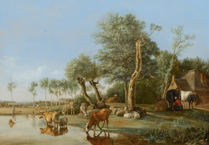 Cows reflected in water, Dutch Golden Age oil painting by Paulus Potter