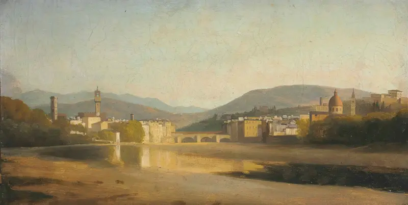 Florence landscape with the Arno River at sunset, oil on canvas by French School