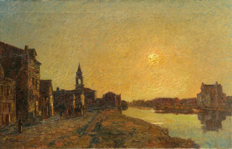 Landscape of Oriago sul Brenta by Beppe Ciardi, impressionist oil painting depicting a river and reflections.