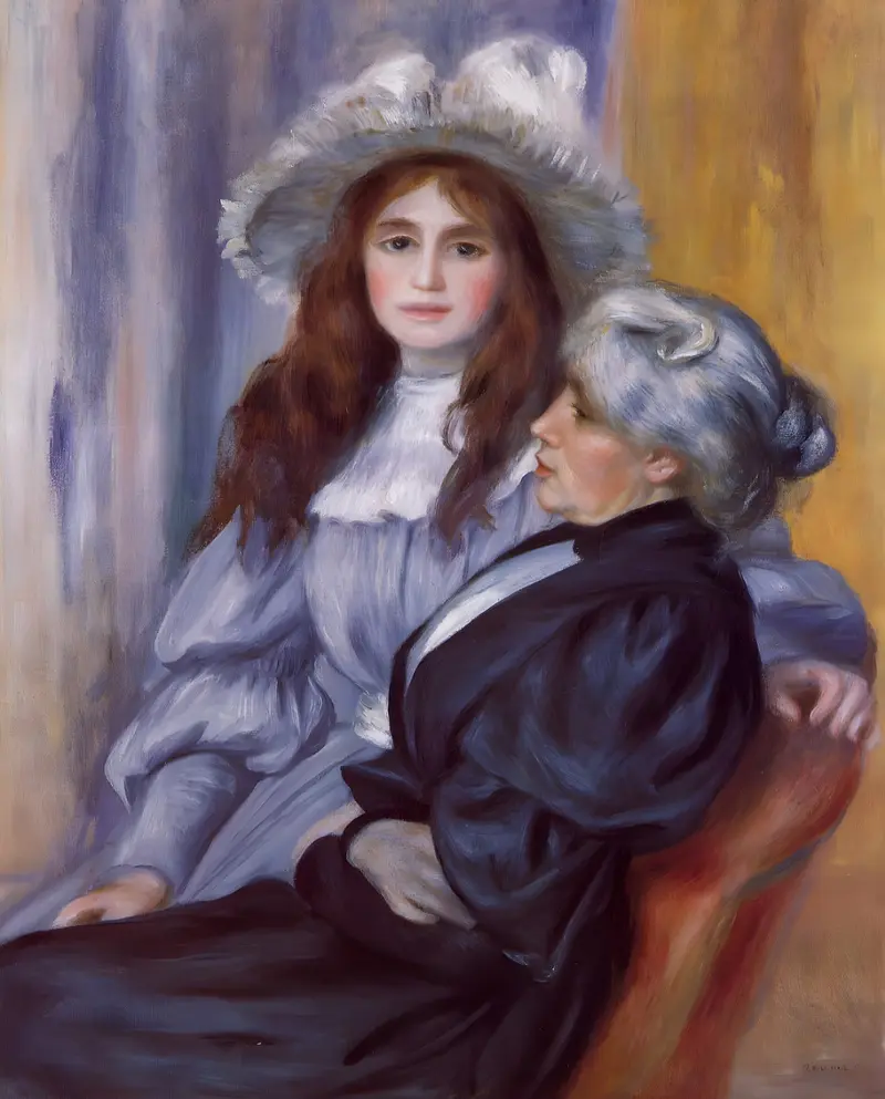 A young girl in a pale lavender dress and wide-brimmed hat sits beside an older woman with silver hair, both filling the foreground against a muted blue and lavender background.