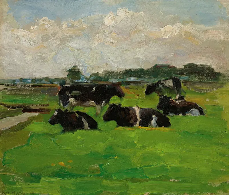 Landscape with five cows by Piet Mondrian, oil painting
