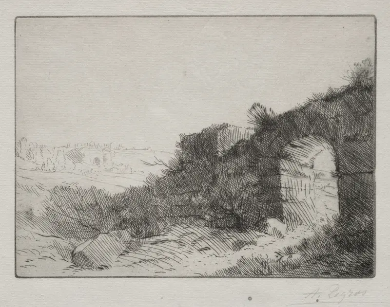 Roman Ruins by Alphonse Legros, depicting a crumbling archway in golden light, medium unknown