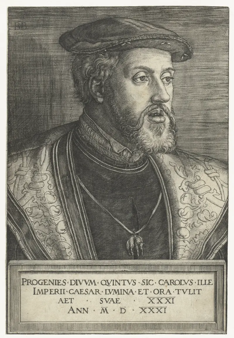 Engraving of Emperor Charles V by Barthel Beham, showcasing his contemplative expression and detailed armor.