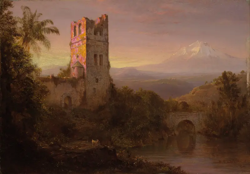 Chimborazo Volcano by Frederic Edwin Church, oil painting of a lush landscape and a towering volcano.