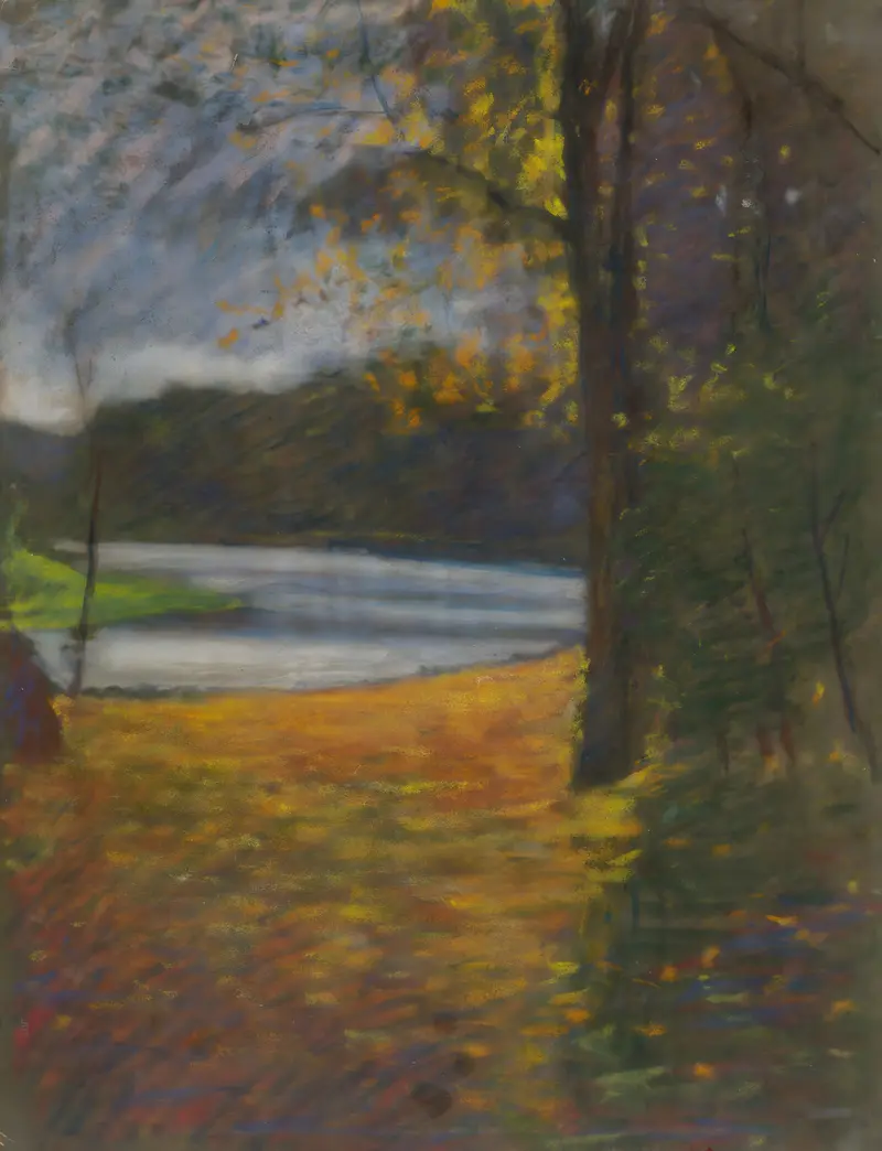 Autumn landscape oil painting by Ladislav Mednyánszky featuring vibrant trees and a stream.
