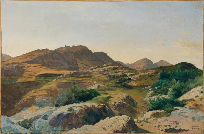 Landschaft im Sabinergebirge, oil on canvas by Carl Schuch, depicting mountains under a sunset sky.
