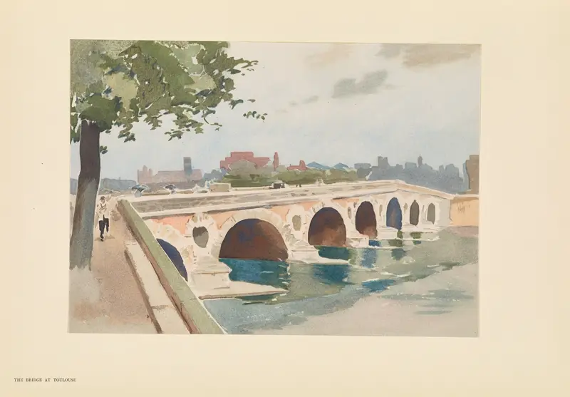 The bridge at Toulouse by Pierre Vignal, oil painting depicting a bridge over a river with vibrant colors.