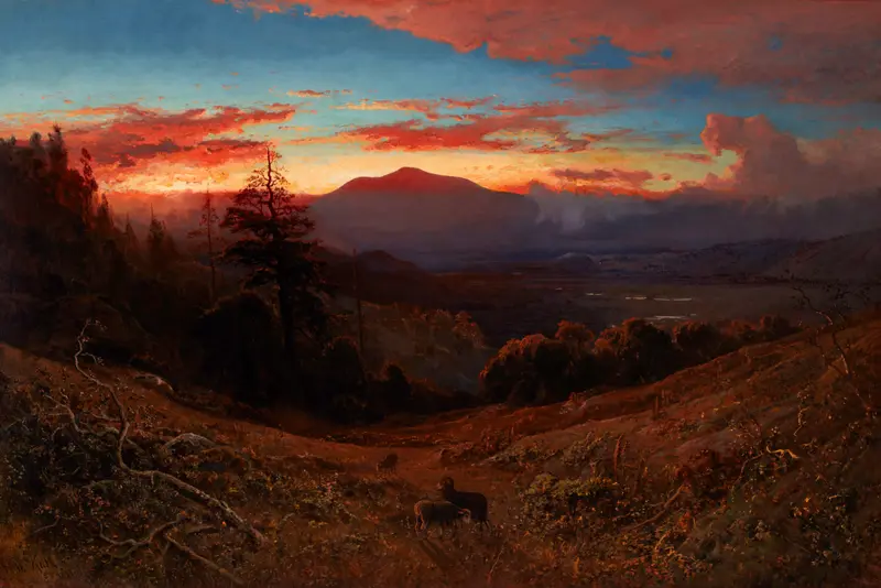 Sunset on Mount Diablo by William Keith, oil on canvas, depicting a vibrant sunset over mountains.