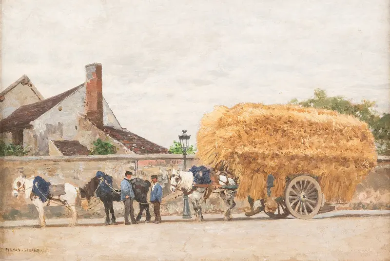 Hay cart in a rural setting, oil on canvas by Marie-François Firmin-Girard