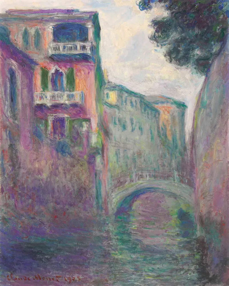 Le Rio de la Salute by Claude Monet, oil painting depicting shimmering water reflections