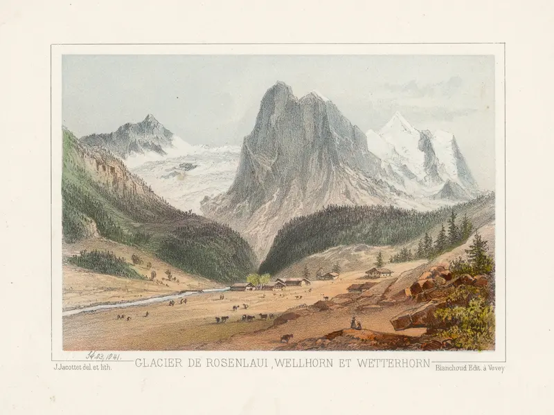 Glacier de Rosenlaui, oil on canvas by Jean Jacottet, featuring mountains and a glacier under a cloudy sky.