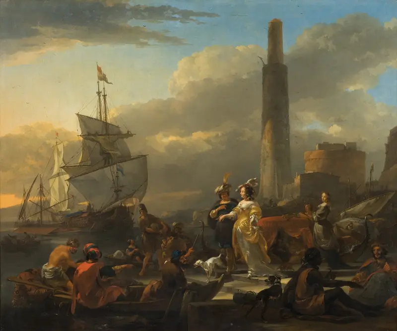 A Harbour Scene by Nicolaes Pietersz Berchem, oil painting depicting boats on a tranquil sea.