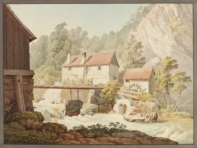 Landscape oil painting by Jacques Henri Juillerat featuring a mill, trees, and a stream